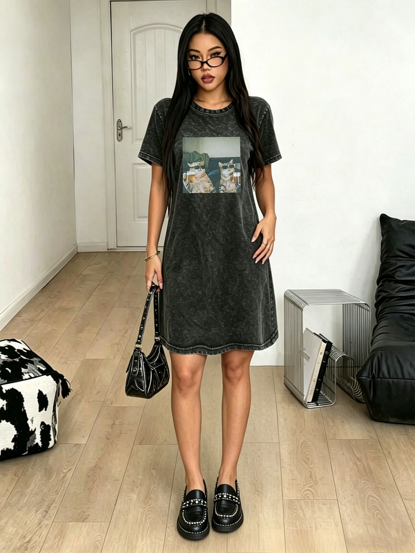 Streetwear Brand Cat - Vintage Washed Distressed T-Shirt-Kleid für Damen,