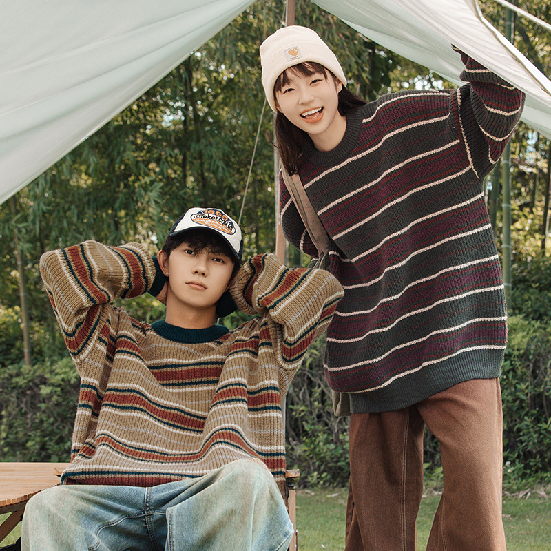 Streetwear Brand England - Koreanische Mode Vintage Gestreifter Strickpullover für